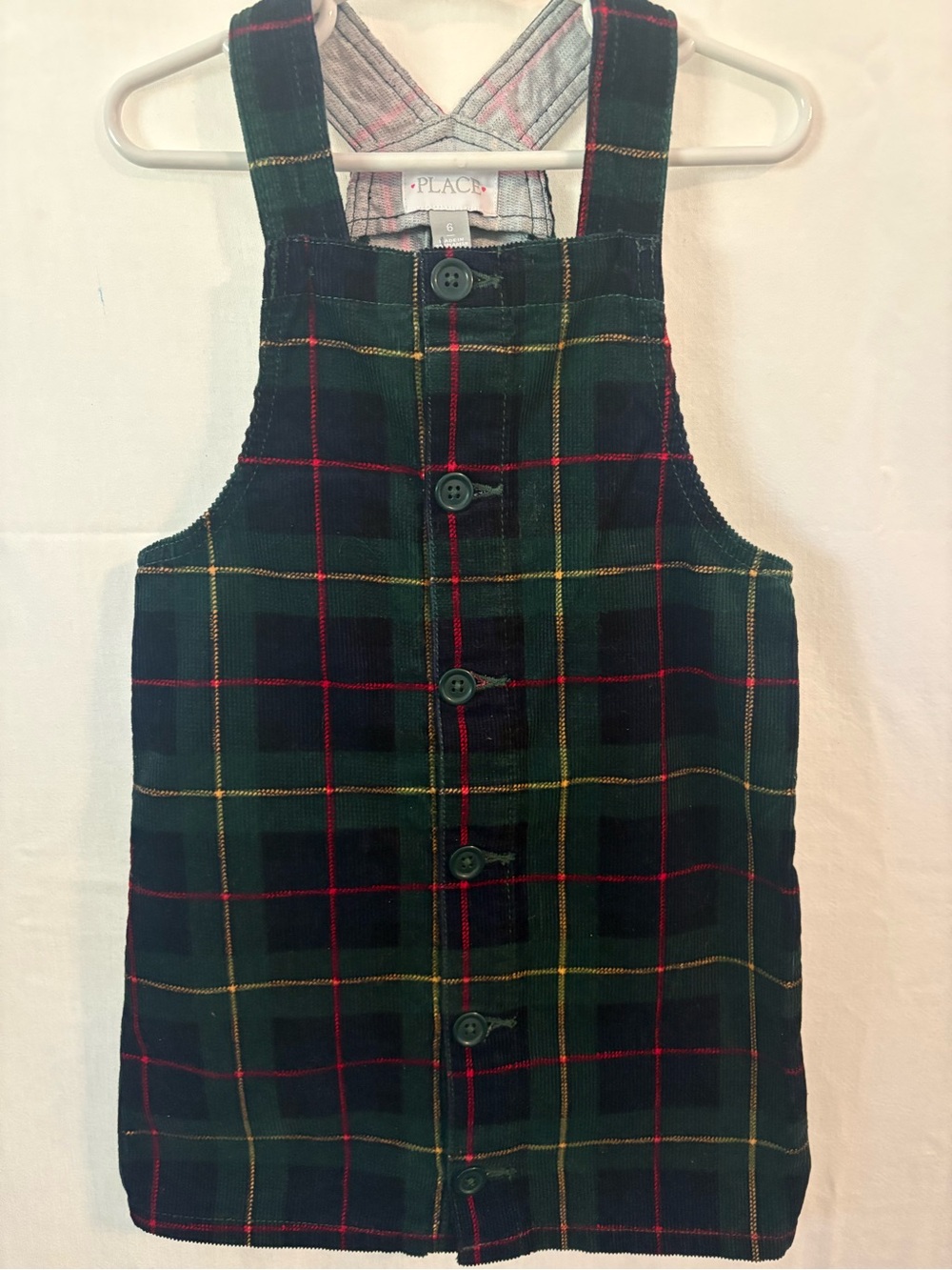 The Children's Place Dark Green Plaid Corduroy Button-Front Pinafore Dress